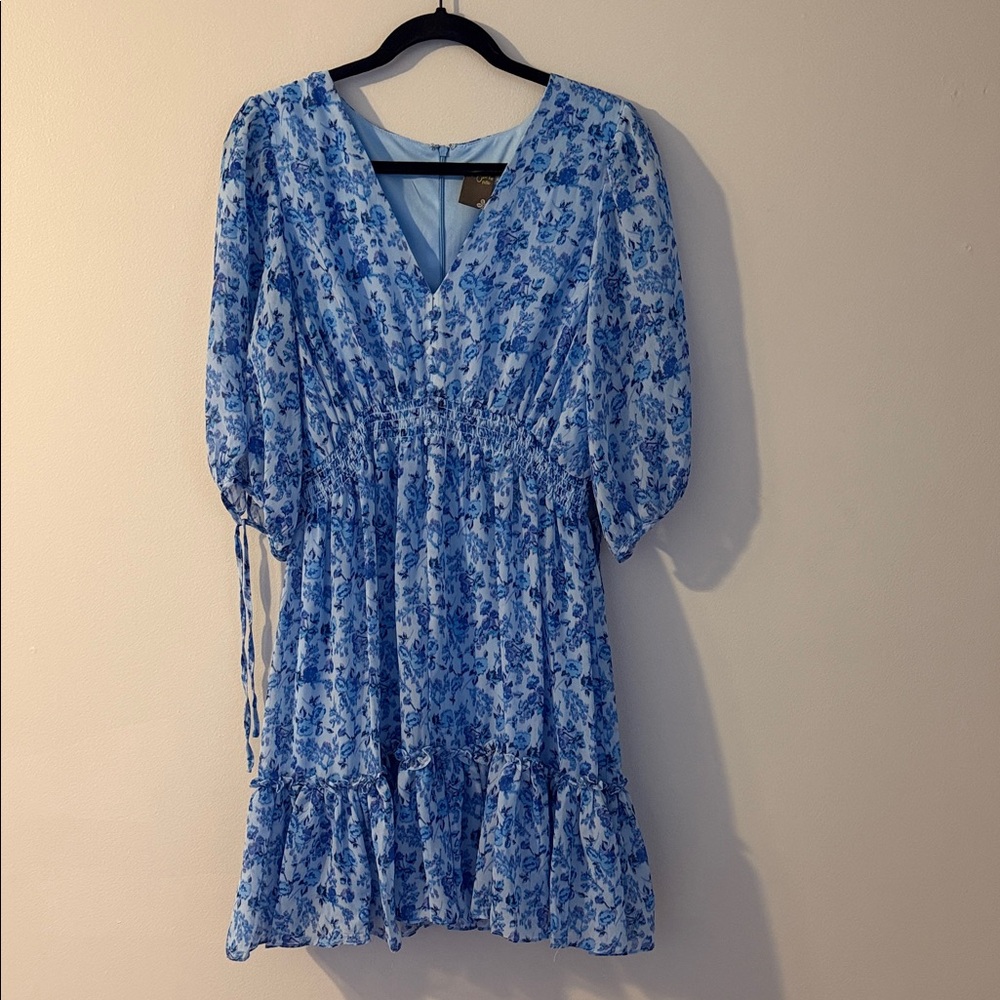 Elegant Blue Floral Long Sleeve Dress
